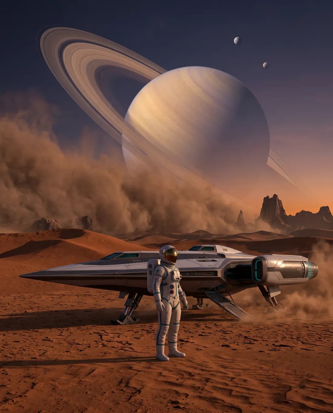 Vela beside the Halcyon on a desert planet