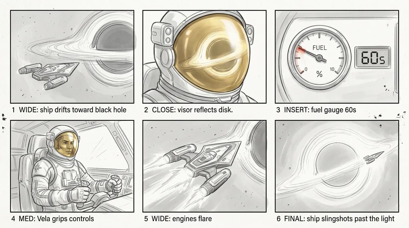 A six-panel storyboard