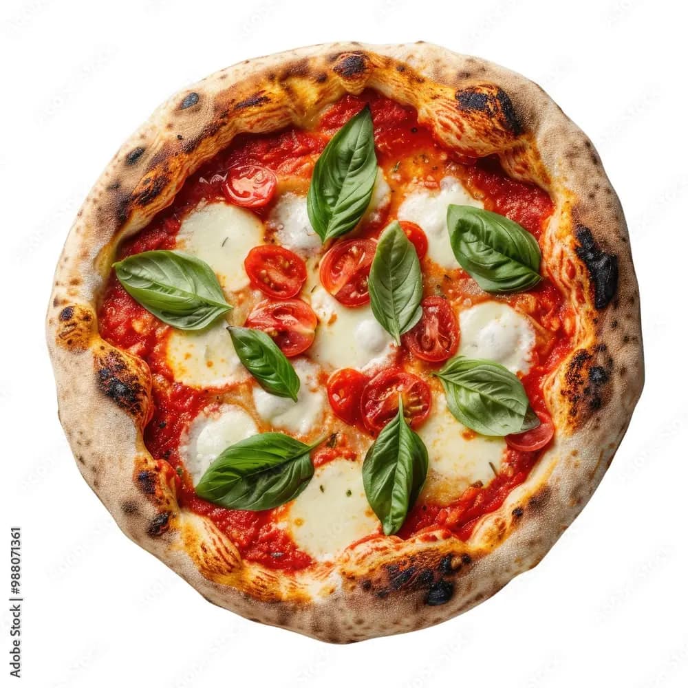 The source: one margherita pizza photographed on white